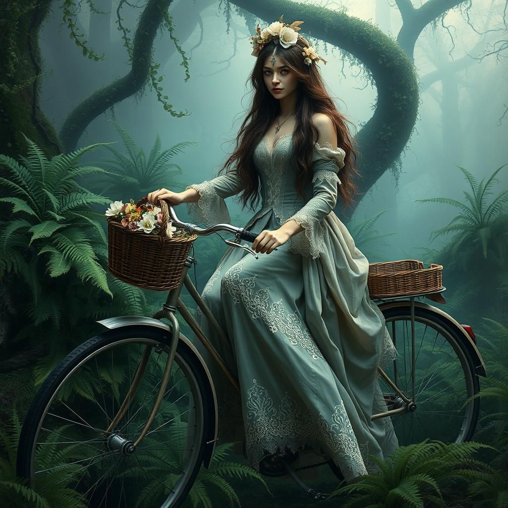 Ethereal Woman on Bicycle in Lush Greenery