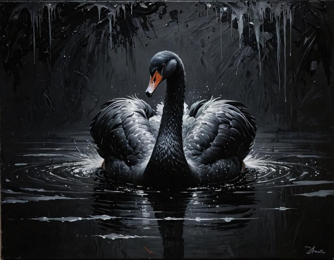 painting, a pitch black gorgeous swan painted with matte black paint, silver highlights, thick brush strokes, grunge style, merging perfectl...