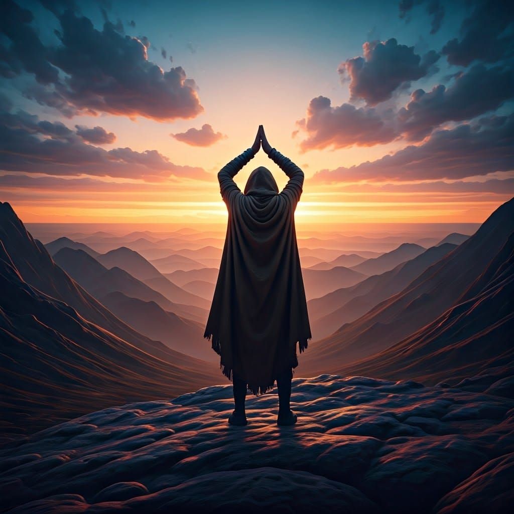 Contemplative Figure Amidst a Sunset Landscape in Exquisite....