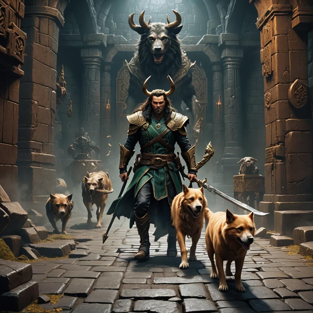 Norse god Loki walking an angry dog in a dungeon. - AI Generated ...