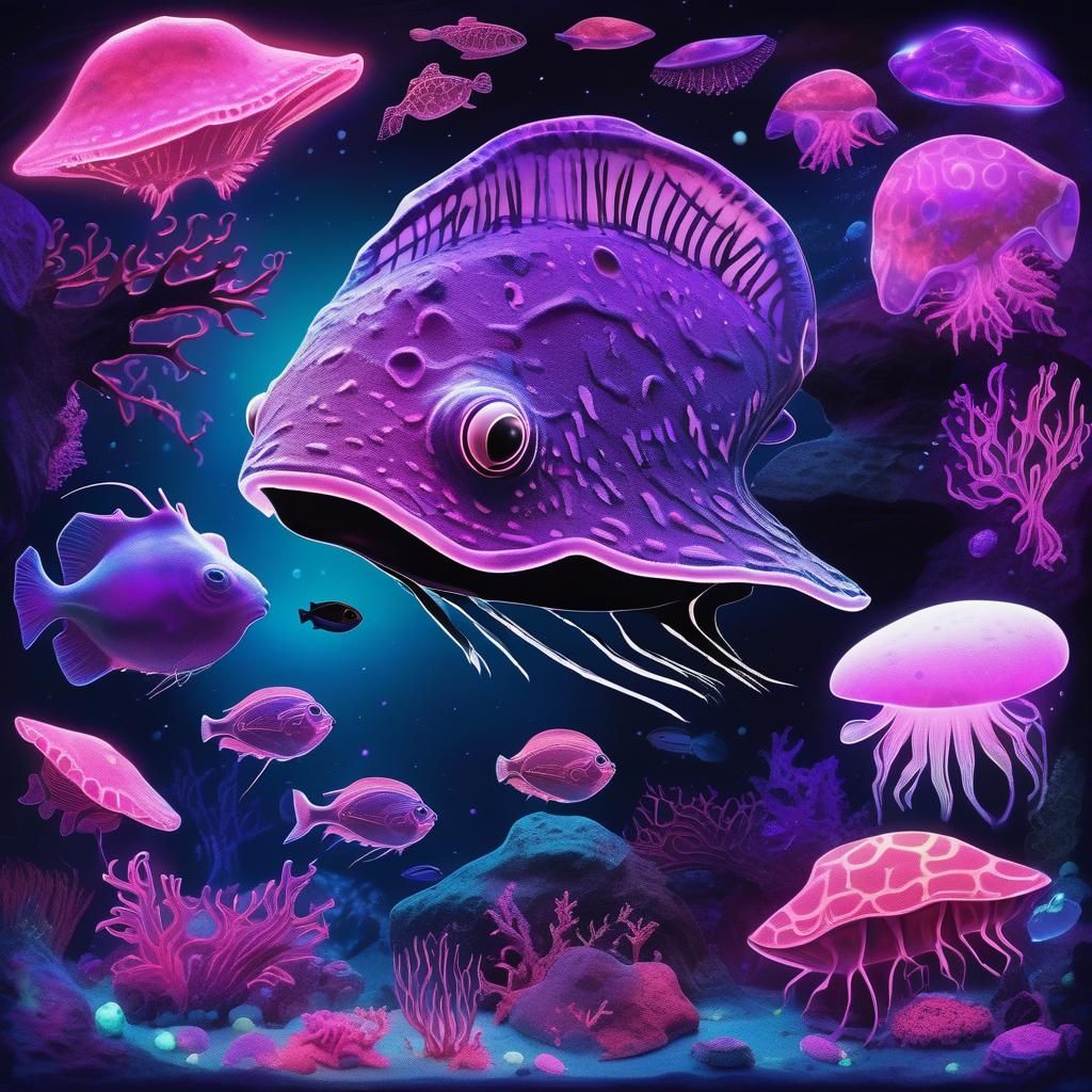 Otherworldly alien exoplanet, neon_blacklight/ dark_deep-sea...