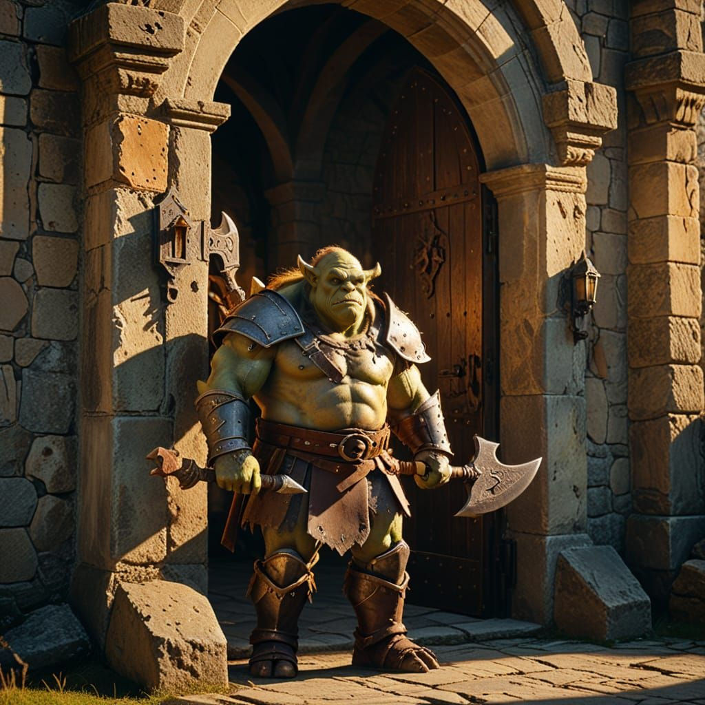 An Ogre from a dungeons and dragons game stands guarding a castle door. He holds a battle axe and wears mismatched armor pieces. Cinematic f...