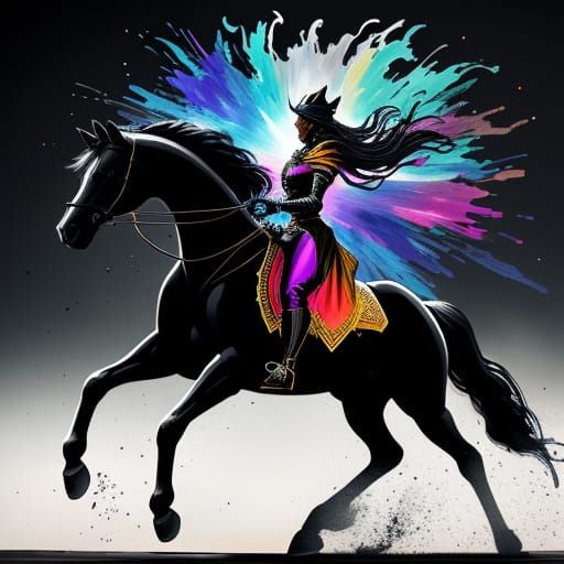 Silhouette of Woman Etched on Horse in Splash Art Style