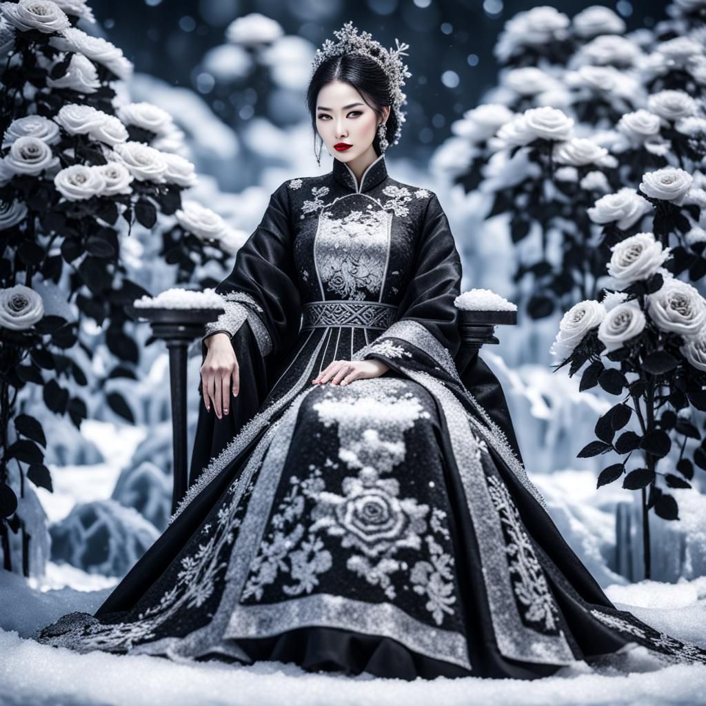 Chinese Woman with Black Roses on Ice