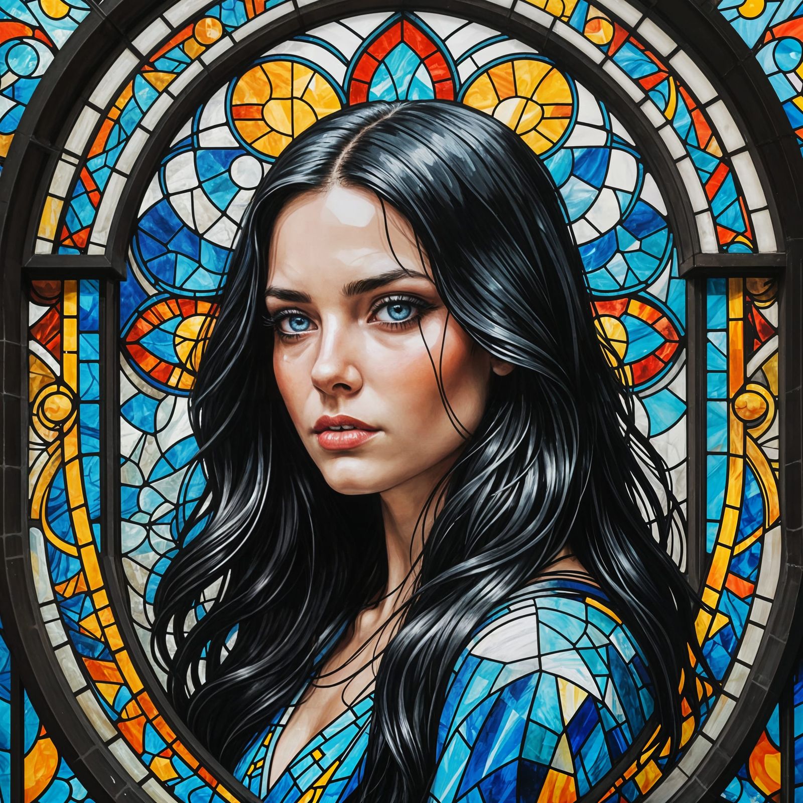 Dibujo de una mujer en una vidriera