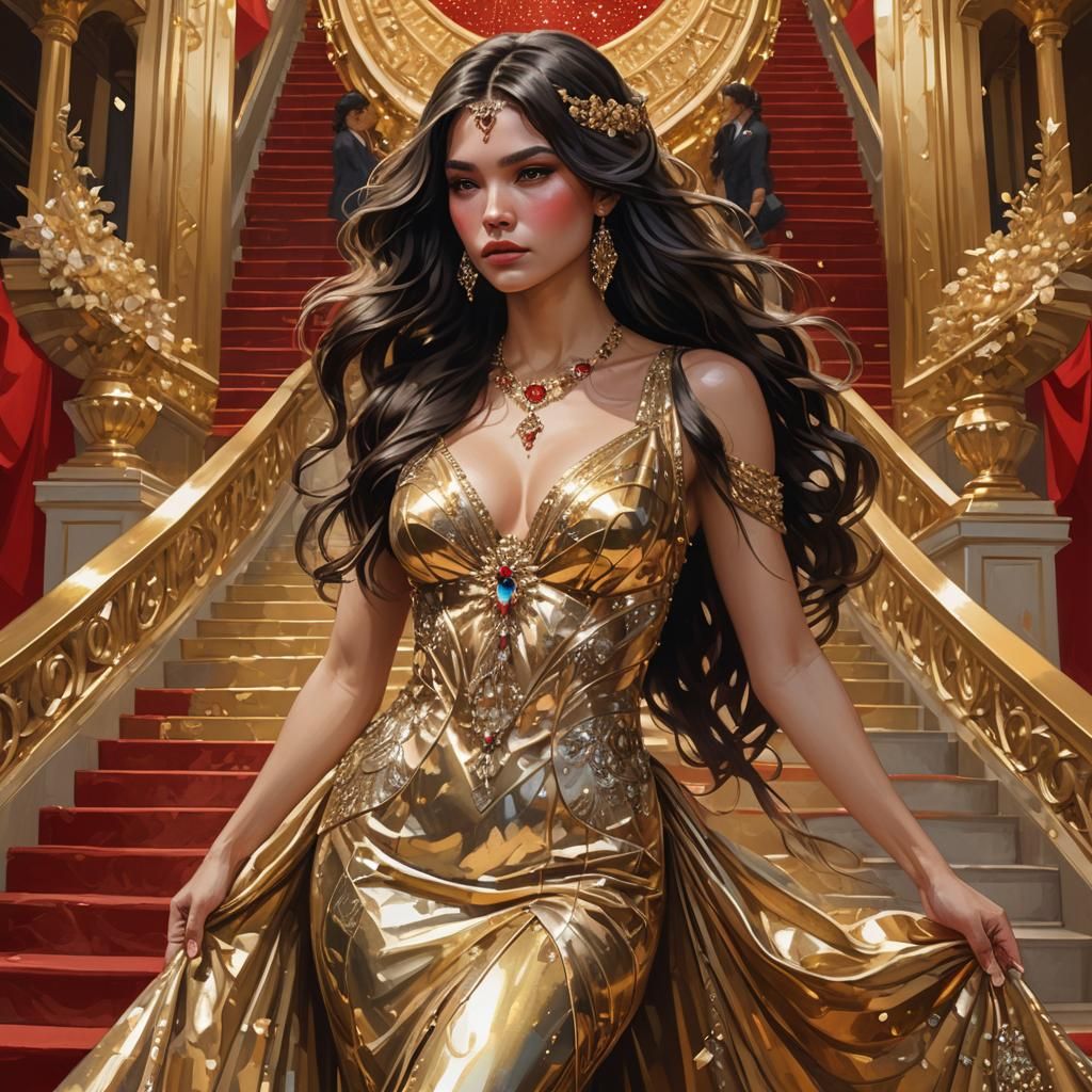 A beautiful woman with long, wavy dark hair, in a beautiful golden formal gown, low cut, with beautiful ...  by @Gabbi