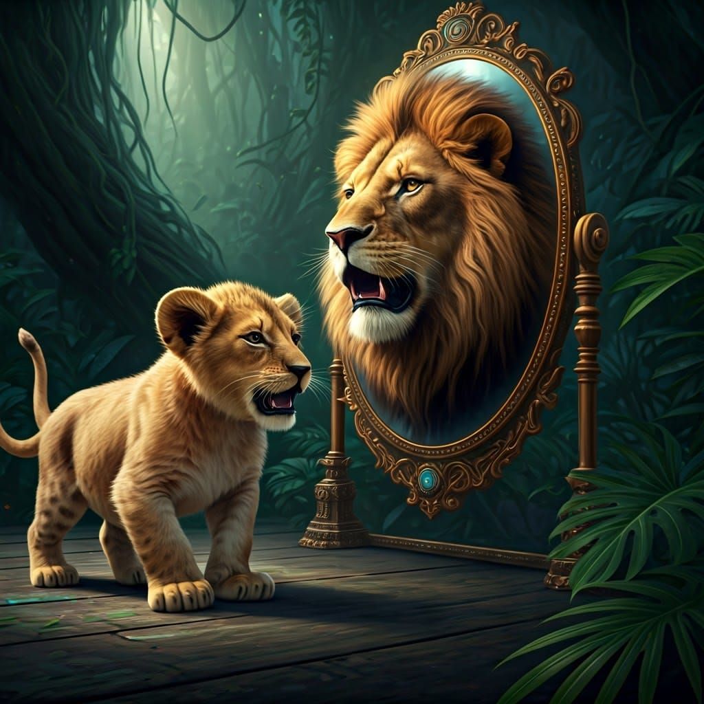 Lion Cub's Jungle Reflection: Digital Art Concept