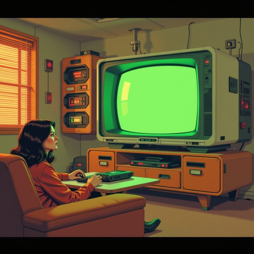 <lora:Future Obsolete:1.0> <lora:Future Obsolete:1.0> Woman sitting in a retro-futuristic living room with a CRT television emitting a gree...