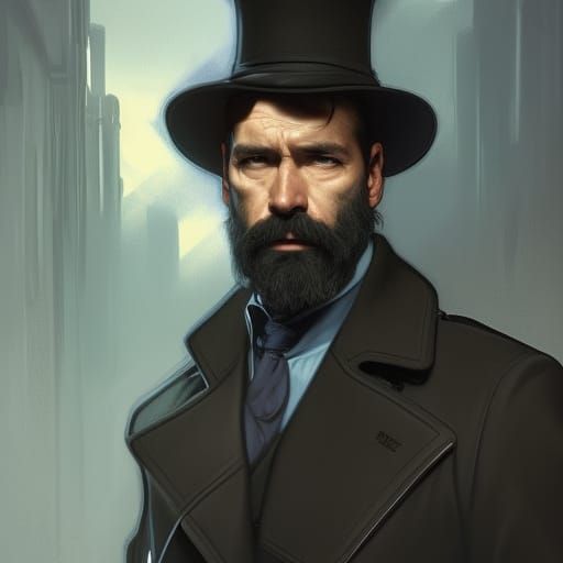 a detective wearing a dark coat with a short black beard. He...
