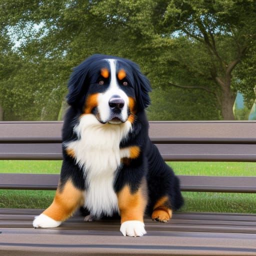 An Ultrarealistic Bernese Mountain Dog on a park bench Professional photography, bokeh, natural lighting, canon lens, sh...