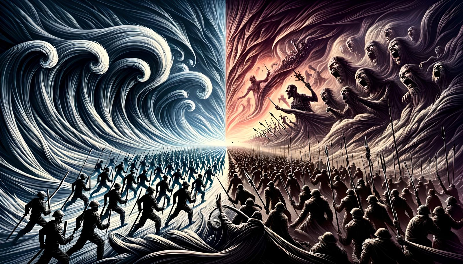 Tense Battle Scene with Looming Threat Above