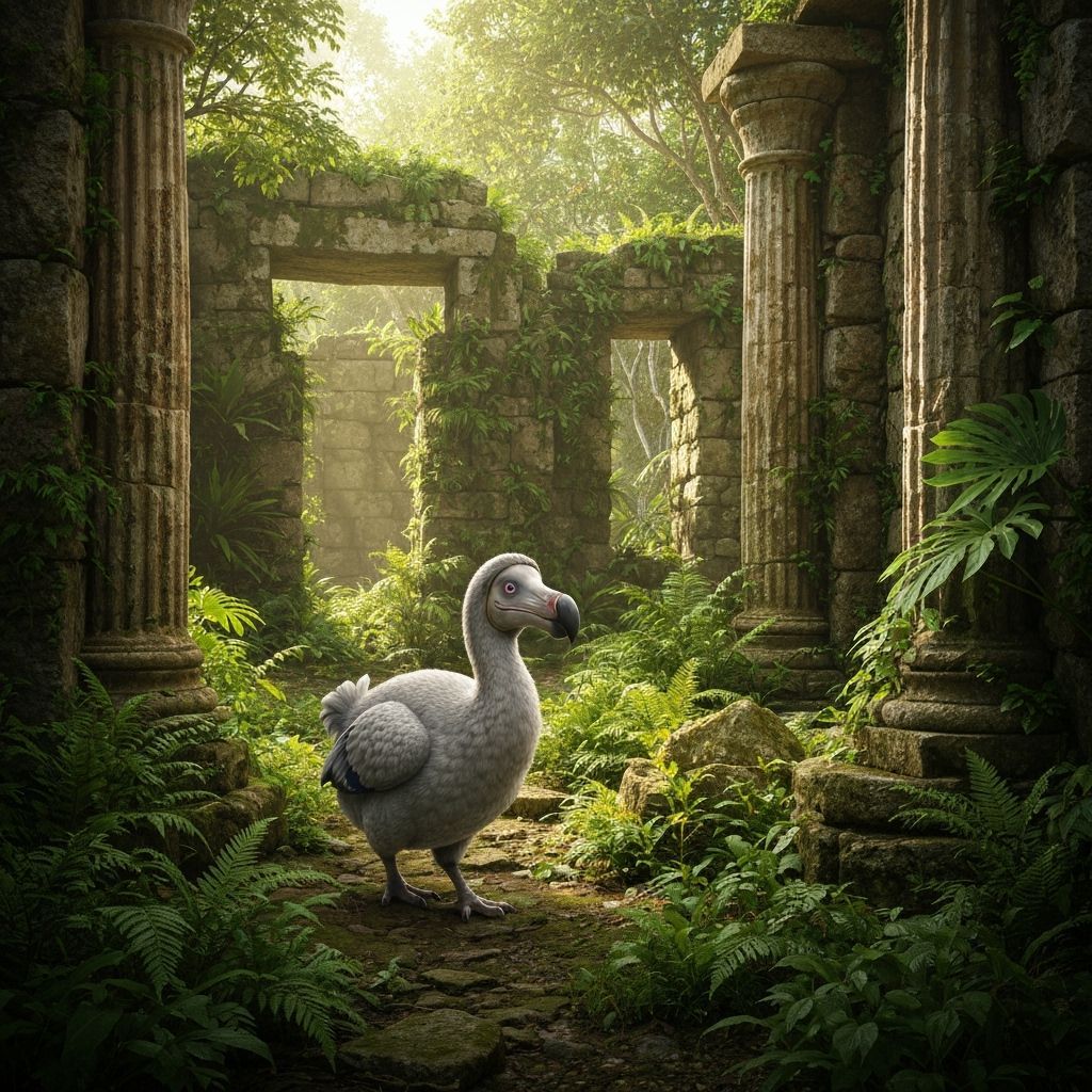 A dodo bird walking near overgrown ruins.  by @Guy