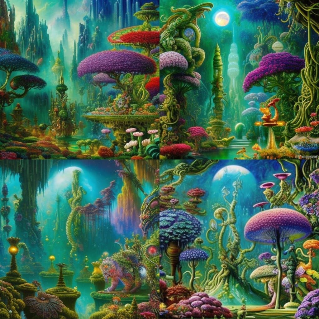 a fantastical garden on an alien planet with lots of large fantastical ...