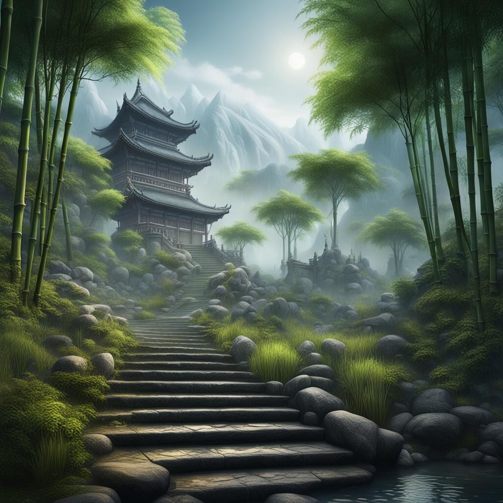 Foggy Mountains and Bamboo Forest in Matte Painting