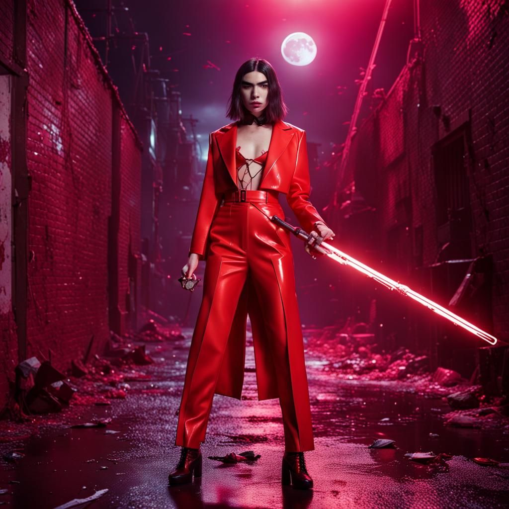 Dua Lipa in a vinyl suit, with a laser sword, covered in blood, in a ...
