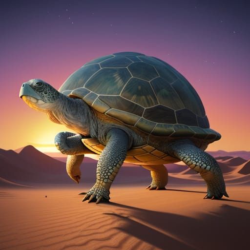 Turtle Carrying Village Across Desert Landscape