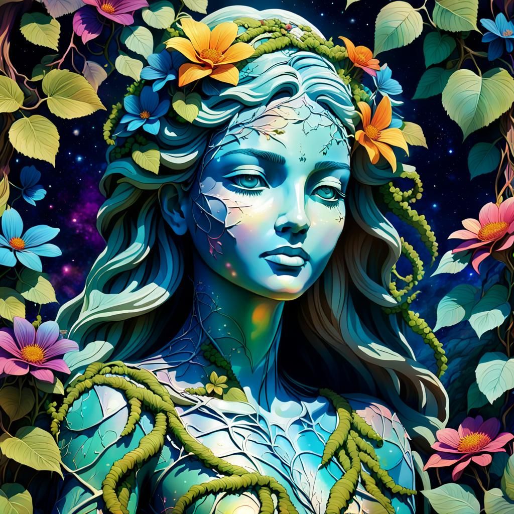 A statue of a beautiful woman covered in vines with differen...