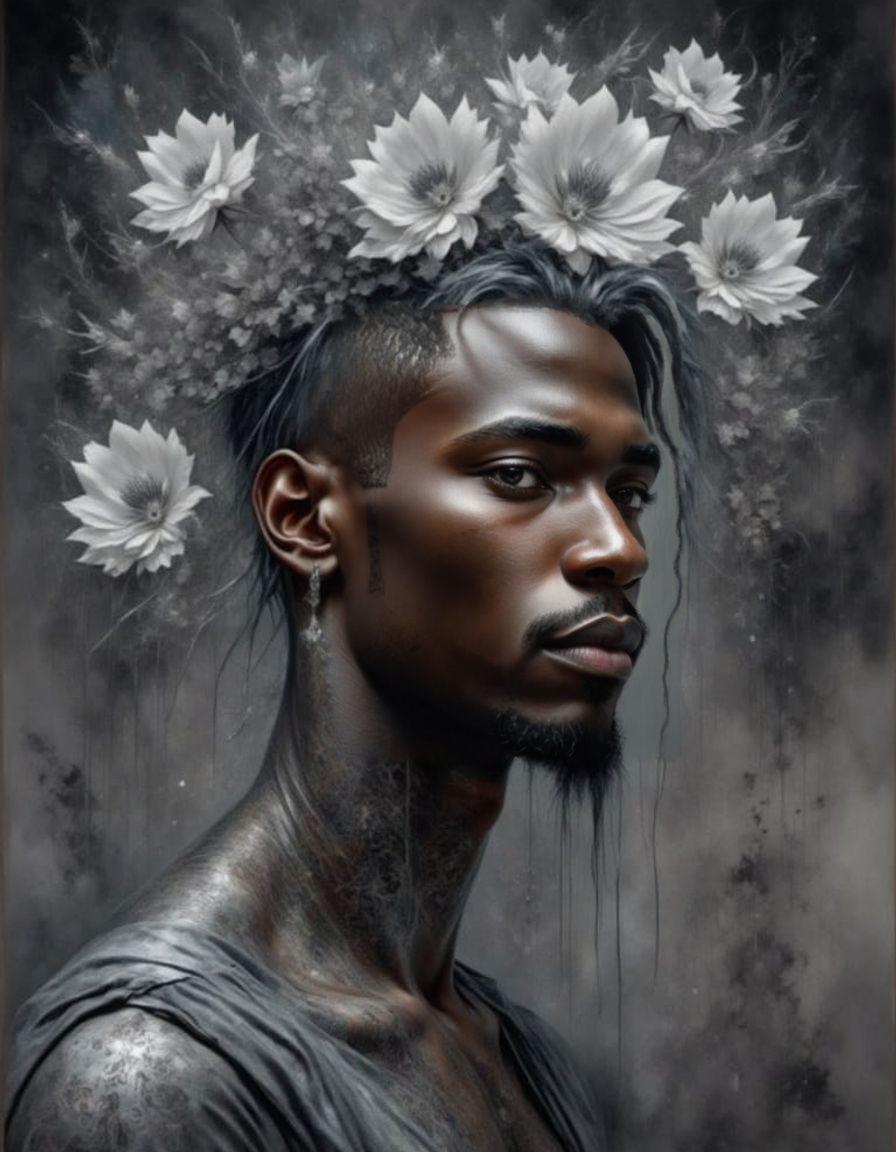 <lora:Silvery Intensity:1.0> black man portrait, flower, gray  silver shining fractal wallpaper in background, silver glow, silver light, pa...