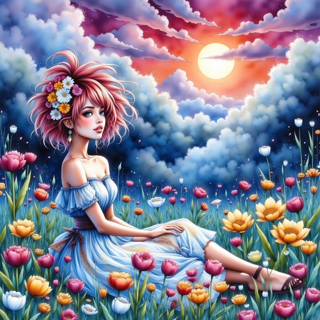 Whimsical Watercolor Portrait of a Curious Young Girl