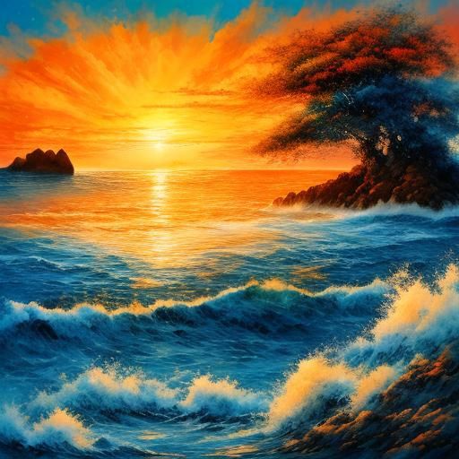<lora:Spin Glow SD15:1.0> sunset with blue ocean