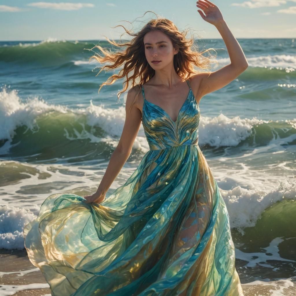 A woman standing in ocean which is her dress, the dress turns into waves, wind, blue, sunschine, above picture, happy