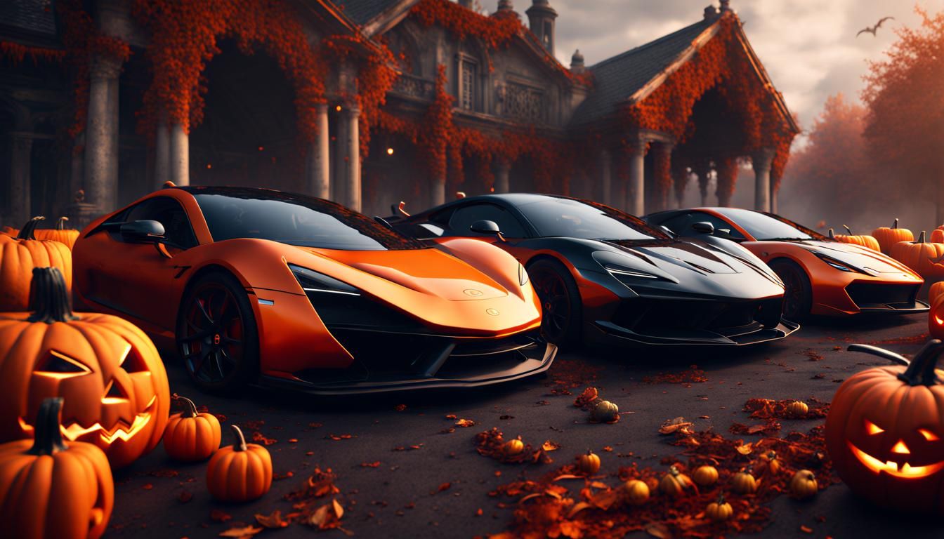 supercars standing on hallowan pompkins , hallowen decoratio...