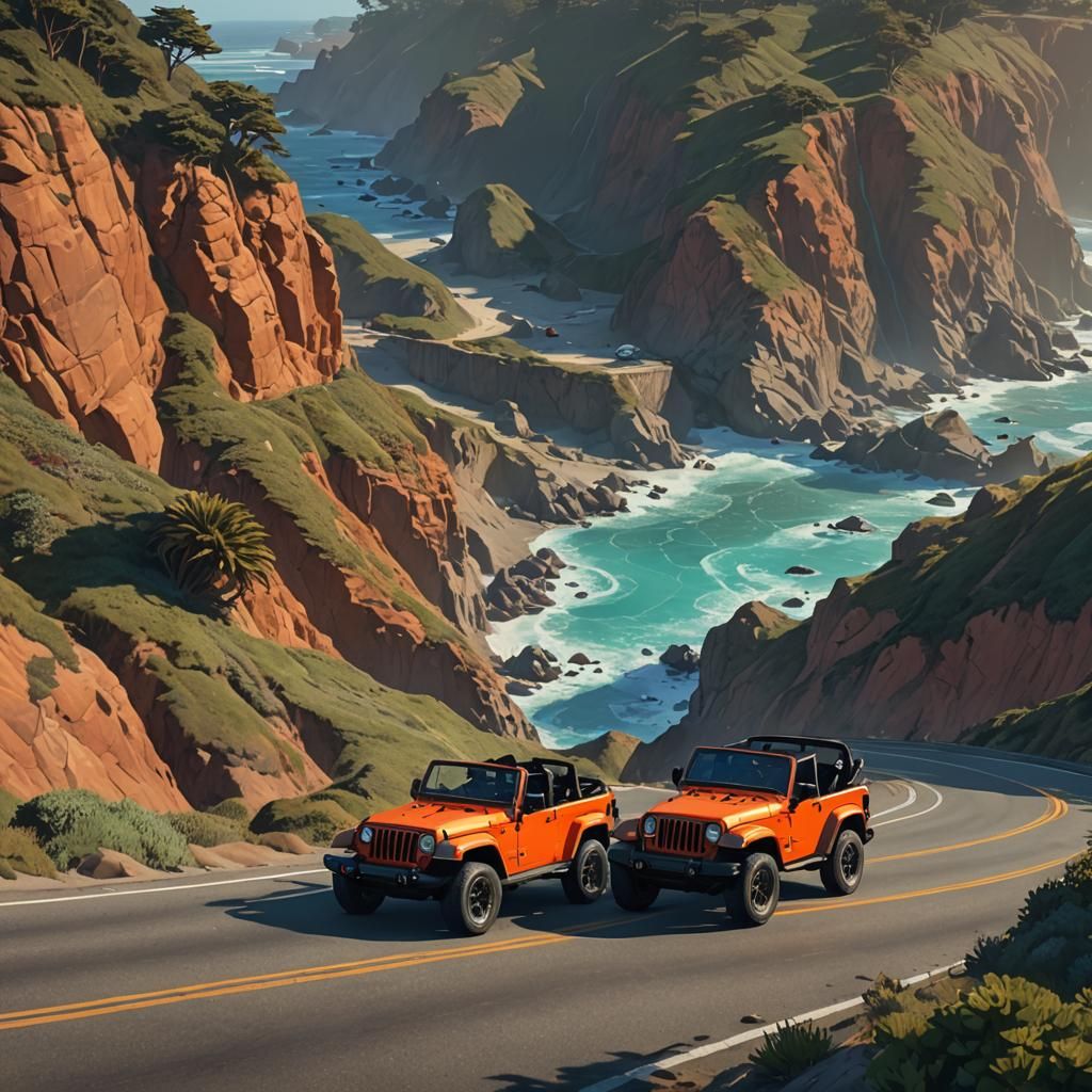 Jeep with the top down driving up the California coast highway AI