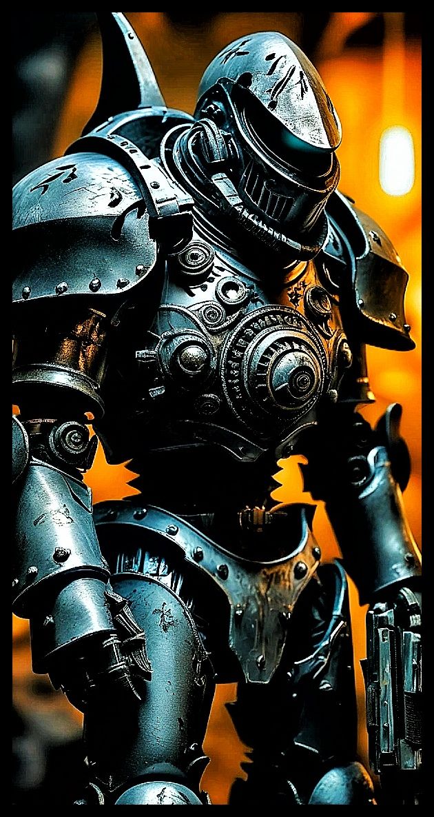 Heavy Duty Metallic Humanoid-Shark-Robot, inspired by the character from martha wells' book "murderbot", stands in a dim...