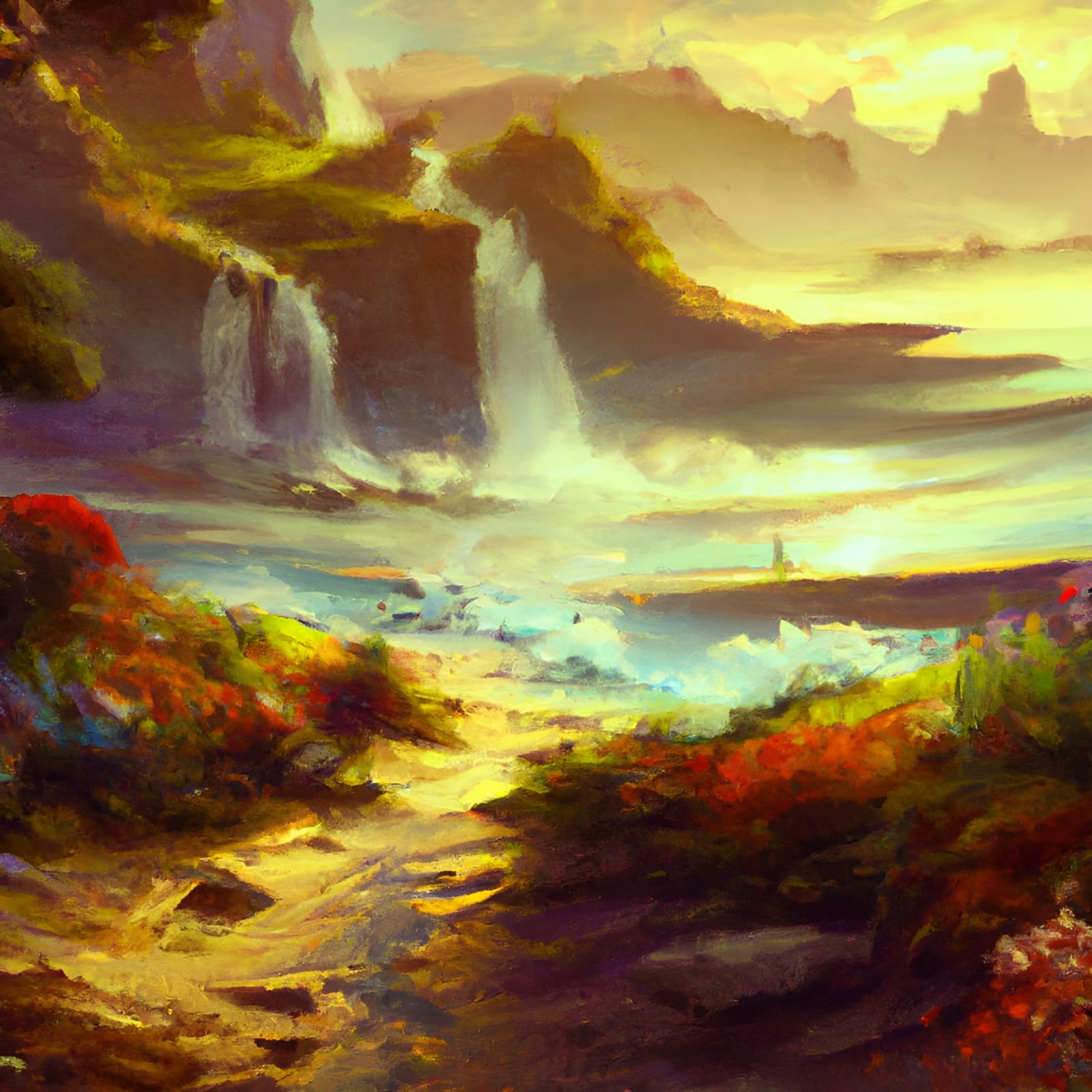 Amazing landscape romanticism impasto colorful complex elega...