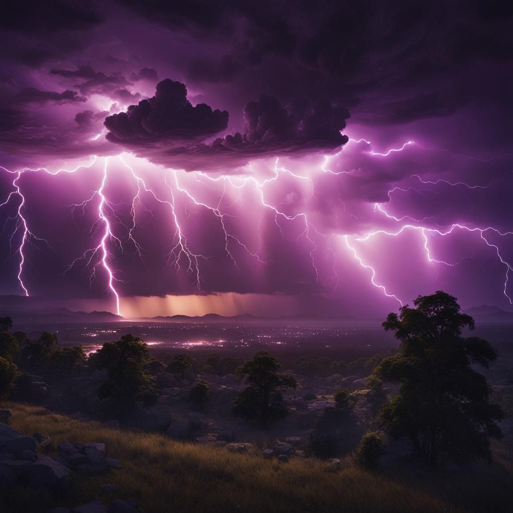A purple sky during a lightning storm is a truly awe-inspiri...