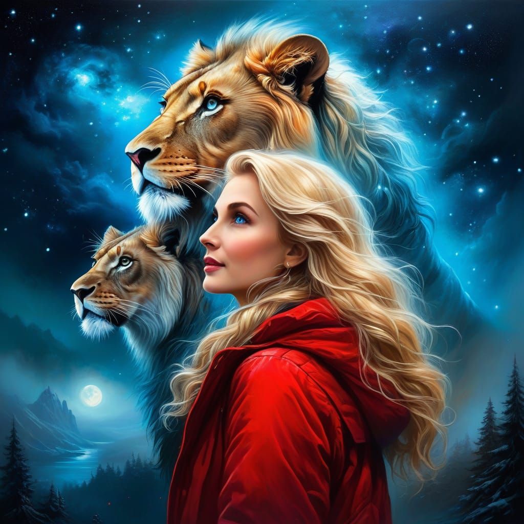 Beautiful lady is star gazing with 2 Lions