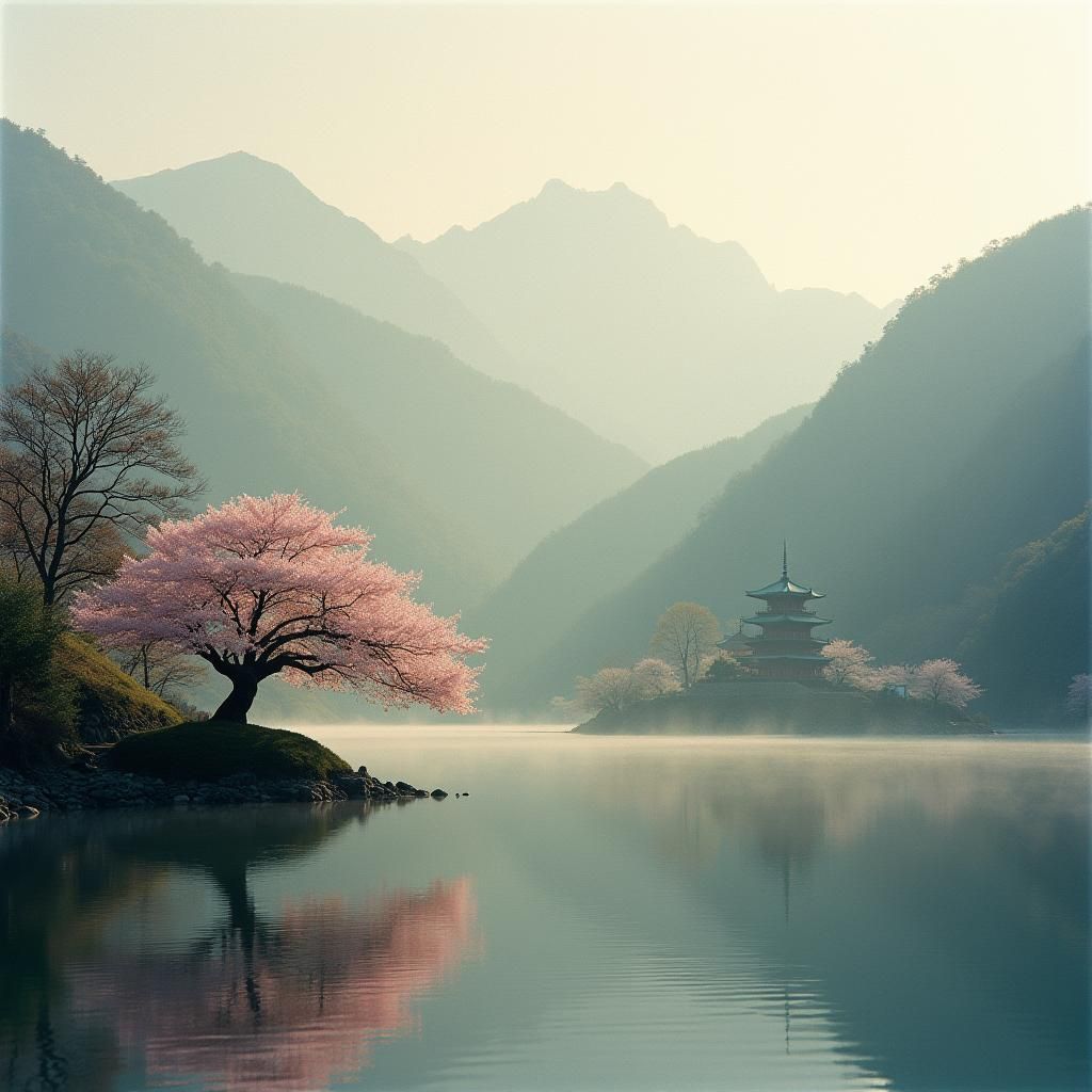 A beautiful ancient sakura tree in front of a lake. Mountain...