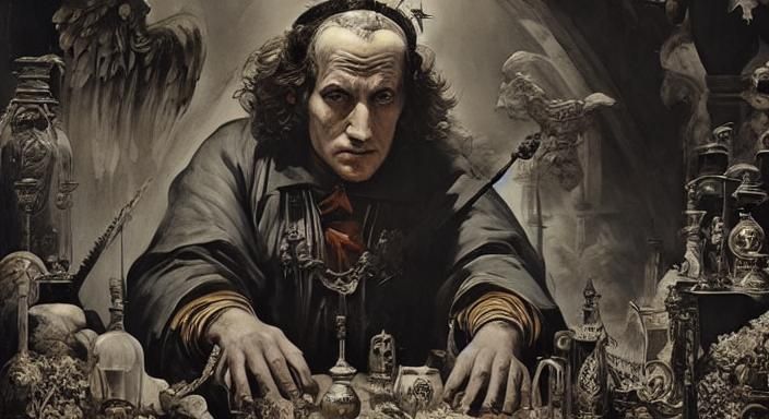 "The Alchemist". Ominous, Intricately Designed, Elaborate, Digital, Scenic, Hyper-Detailed, Delicate; Complex, Francisco Goya,  anthropomorp...