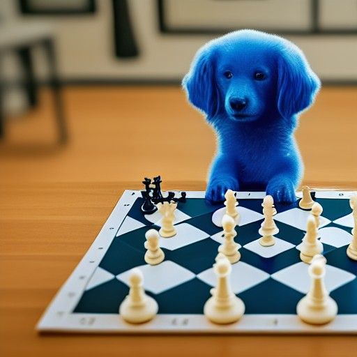 a blue dog playing chess