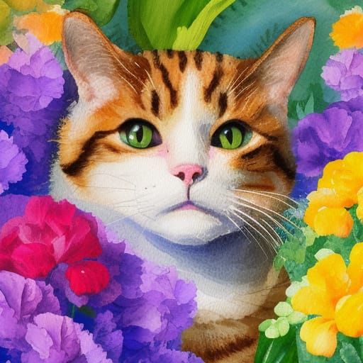 cat surrounded by flowers