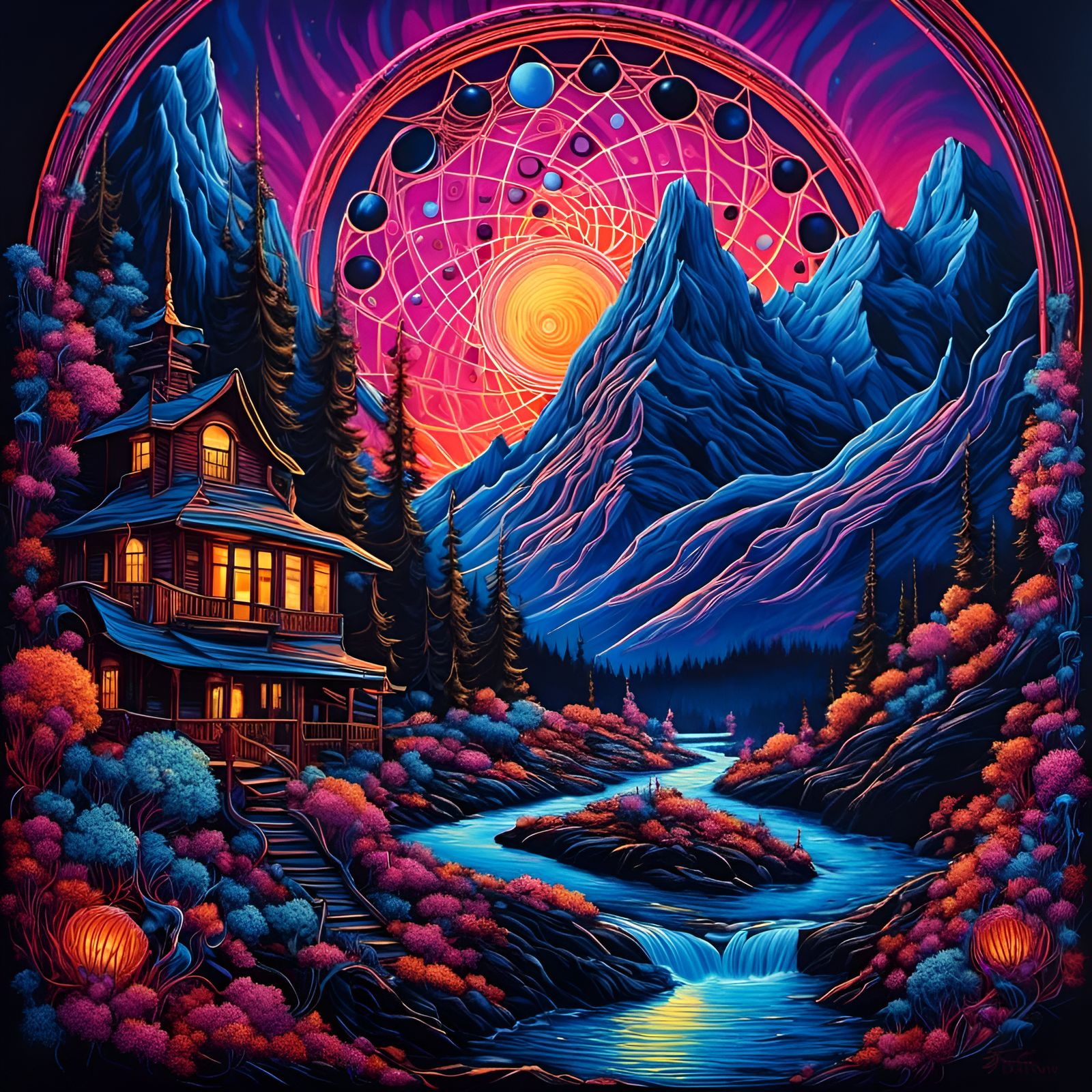 Blacklight painting of mountain landscape within a tribalistic concept ...