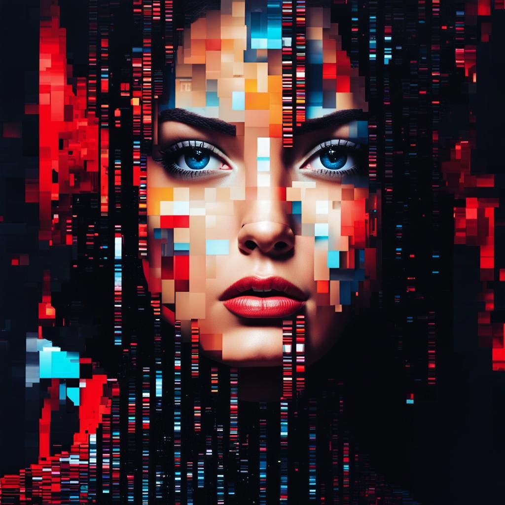 Fragmented Elegance: The Pixelated Woman Portrait in Glitch Art  by @Zand