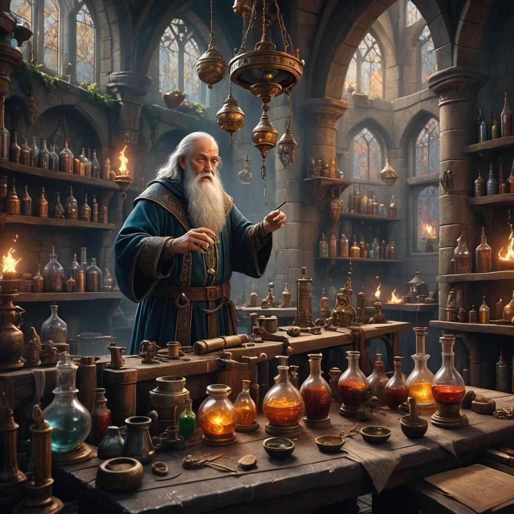 a medieval lab with an ancient wizard performing alchemy experiments ...