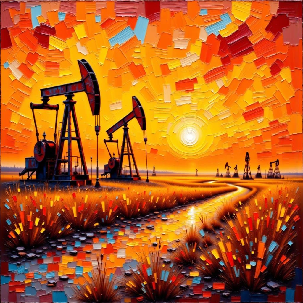 <lora:Impasto 1-01:1.0> textured impasto oil painting of Texas oil field at sunset