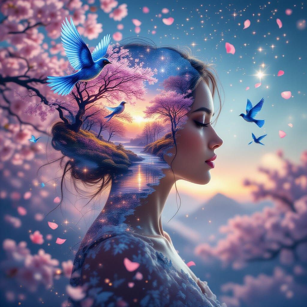 A surreal double exposure portrait of a woman in side profile, her entire head and body silhouette filled ...  by @The Lantern Nymph