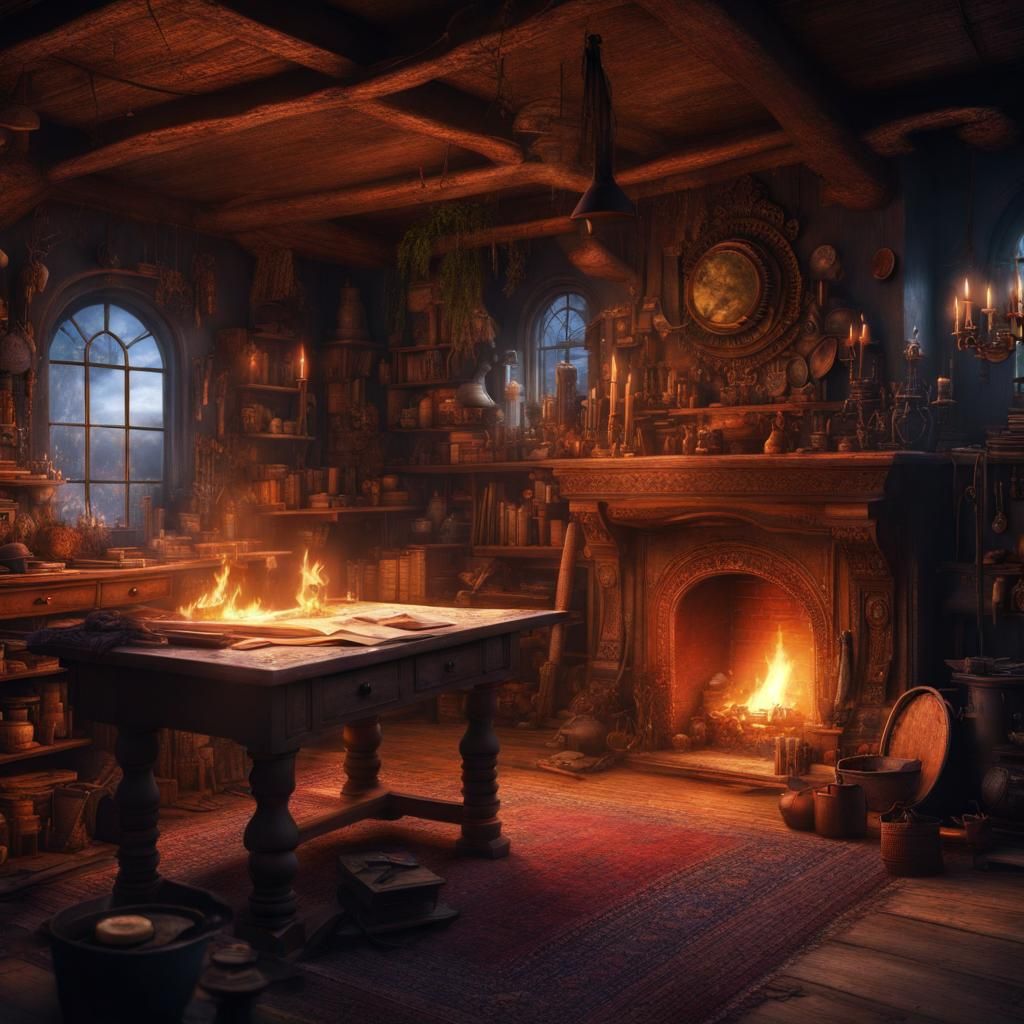 Magical workshop lit by fireplace.