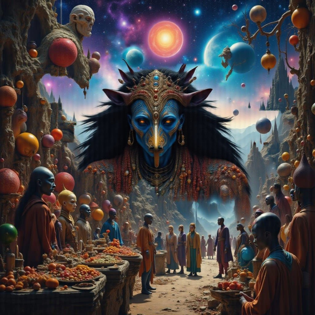 Floating Intergalactic Bazaar with Alien Shoppers