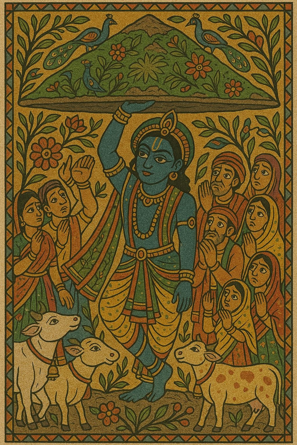 Krishna lifting Govardhan mountain