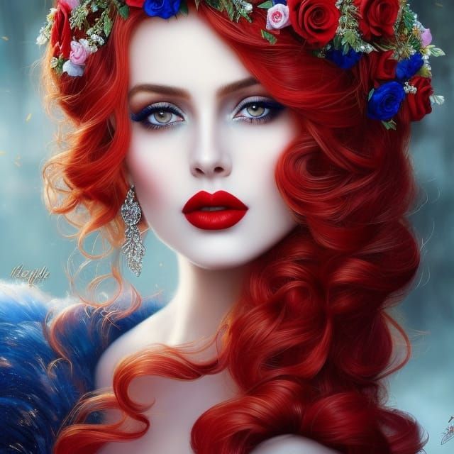 Red Hairy Beauty Princess Style Red Hair Red Lips Dark Eyes Crown Of Roses Fabulous 9923