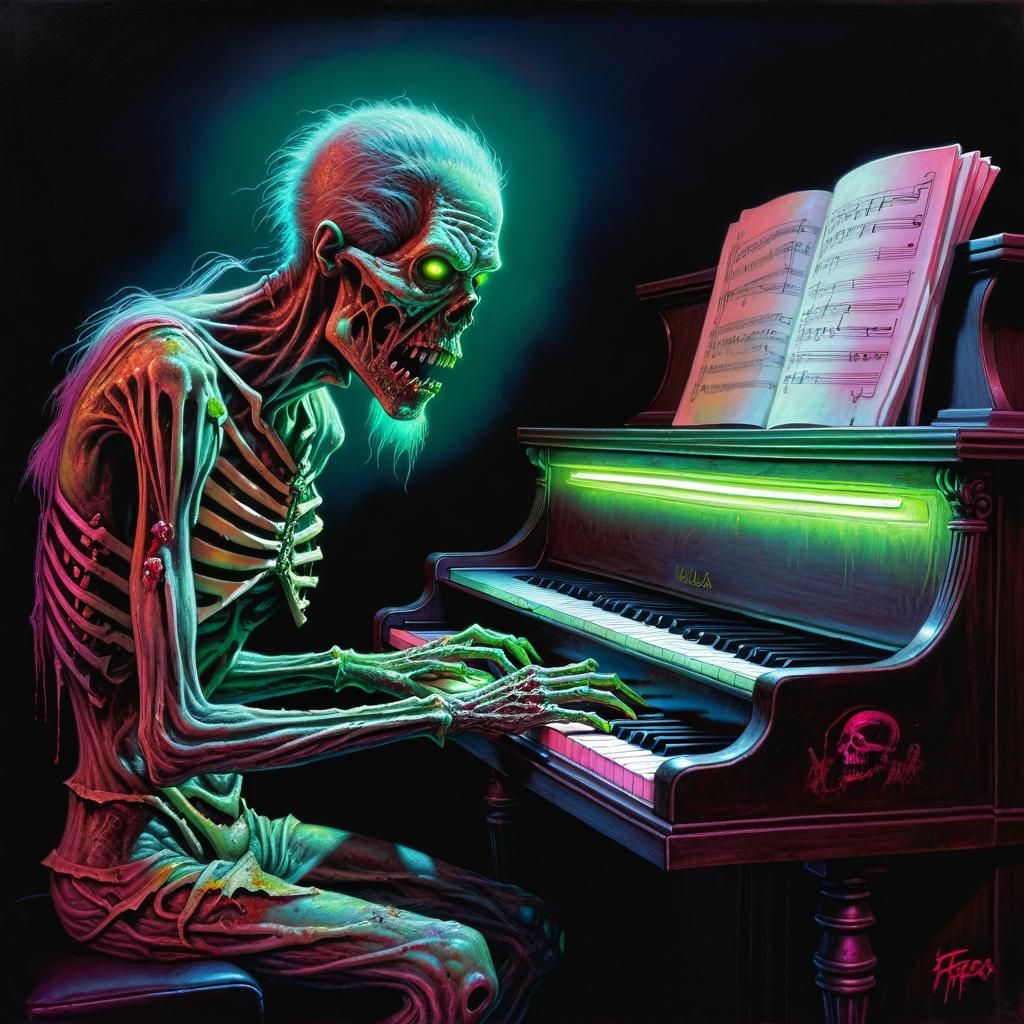 Glowing Neon Horror zombie playing piano hyperdetailed hyperrealism Kelly Freas  by @JavilWoo