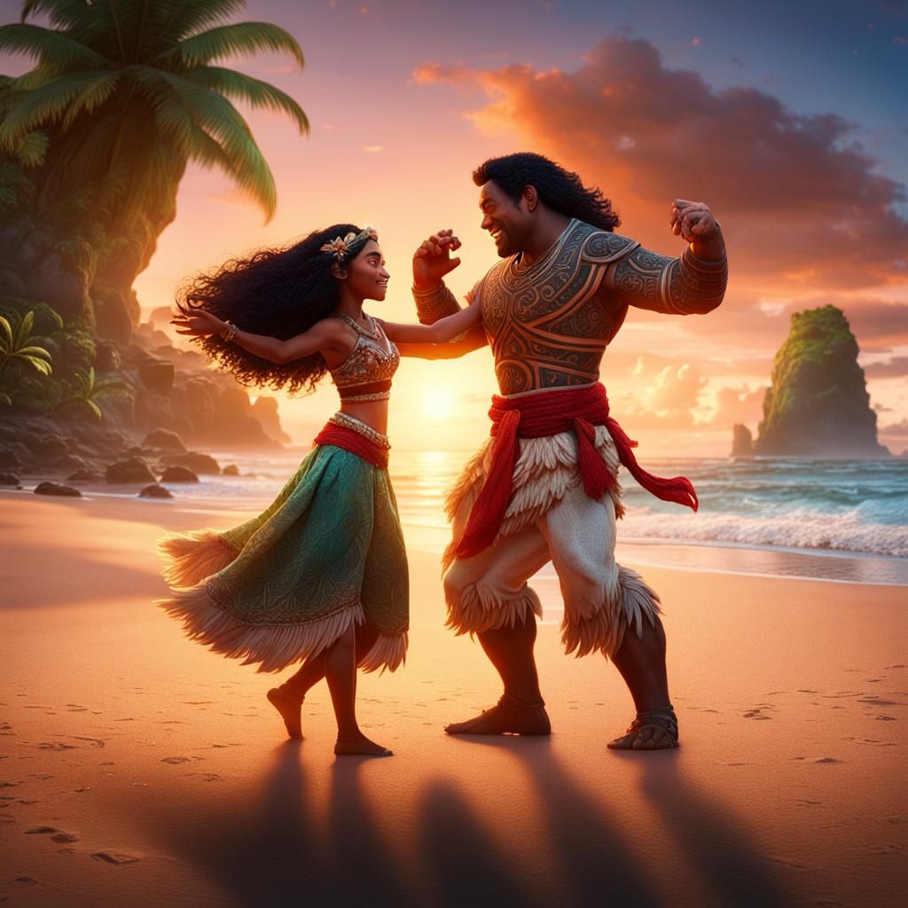 Moana dancing on the Beach with a Male Dancer as the sun is ...