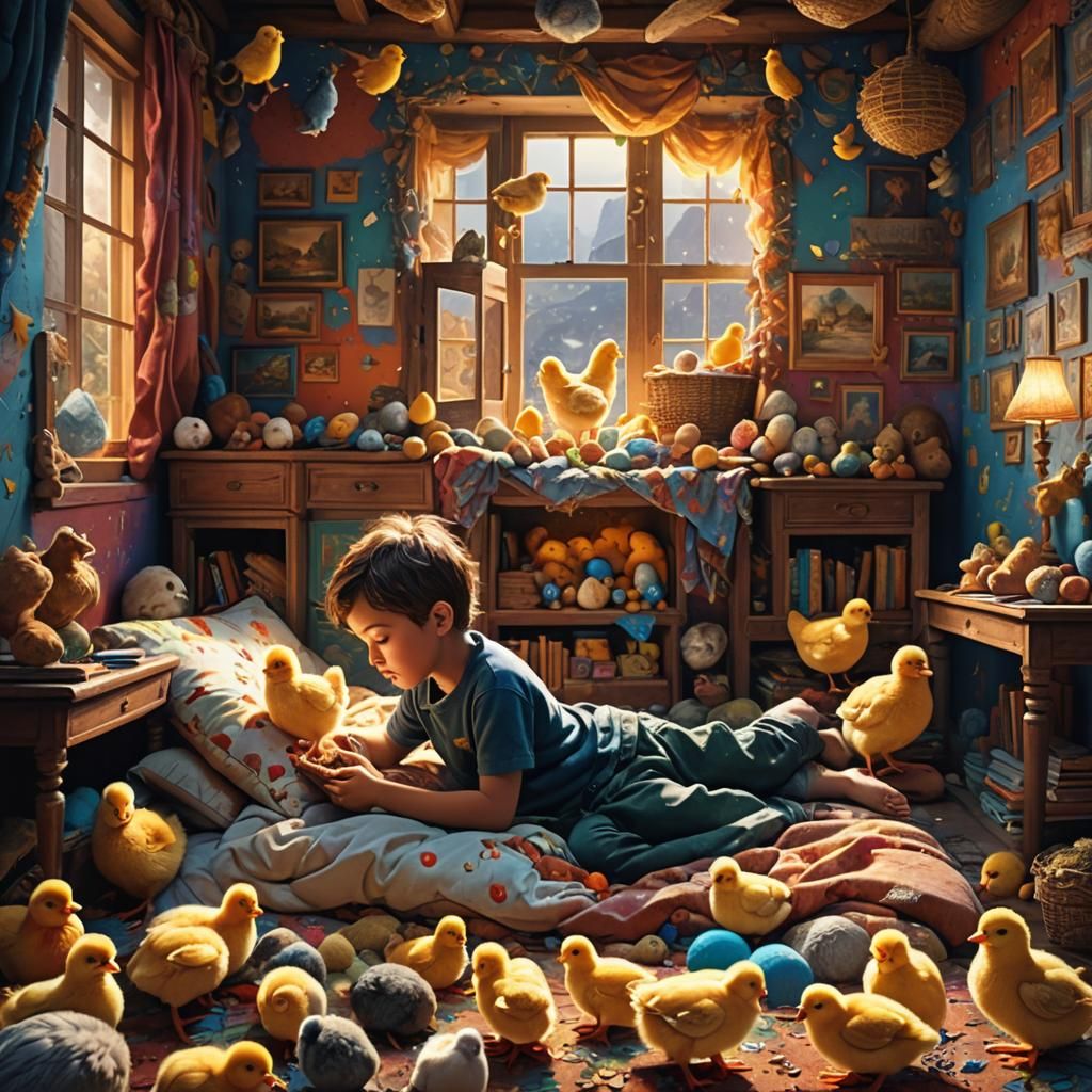 Boy and Chick in Dreamlike Children's Room