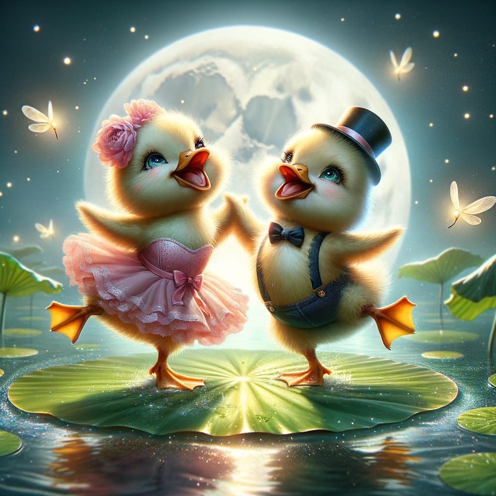 Ducklings' Moonlight Dance: A Whimsical Digital Art Fantasy