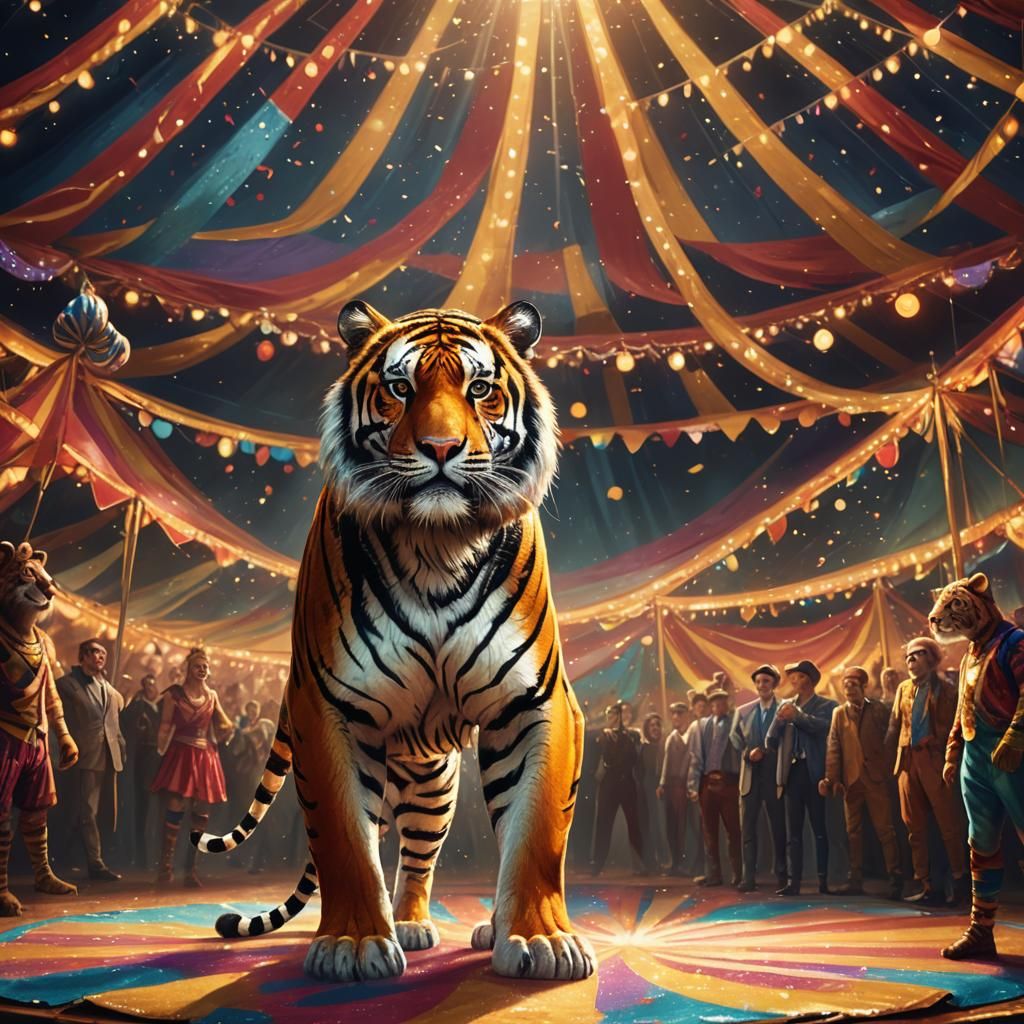 Tiger in Colorful Costume at Bright Circus