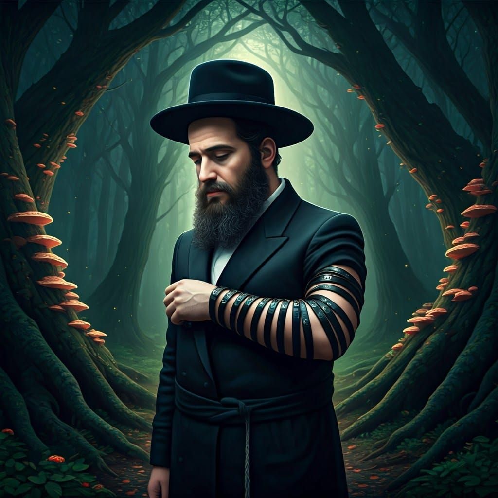 Orthodox Jewish Man in Mystical Forest with Tefillin